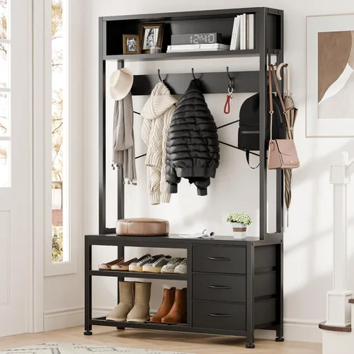 Vista 9 de Lulive Perchero de pie con banco y almacenamiento de zapatos, perchero independiente de 31.5" con estante de almacenamiento de 2 niveles, banco