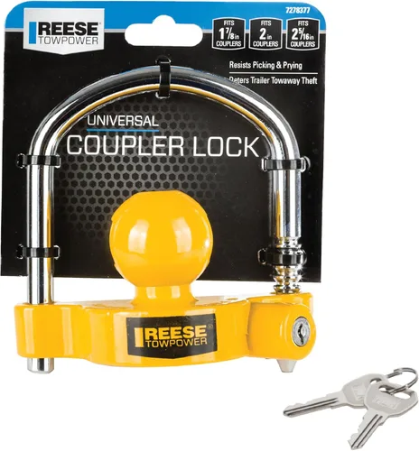 Vista 2 de REESE Towpower 72783 - Cerradura de acoplamiento, seguridad de almacenamiento ajustable, acero resistente, amarillo y cromo (ajuste universal)