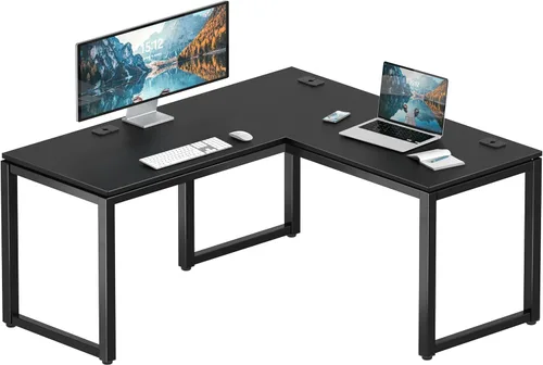 SHW - Escritorio esquinero grande en forma de L de 55 x 60 pulgadas para oficina en casa, negro
