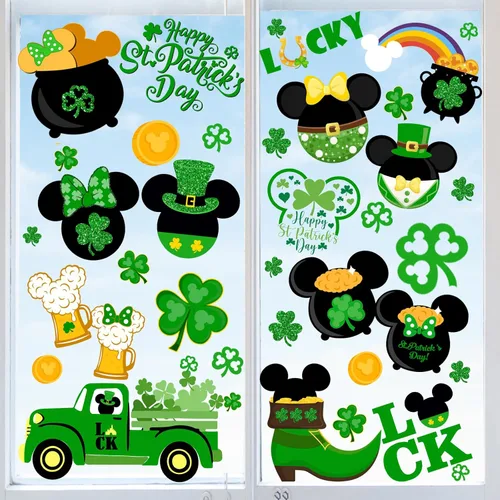 Adhesivos para ventana del día de San Patricio, 9 hojas con temática de ratón, decoración de ventana del día de San Patricio, decoración de trébol