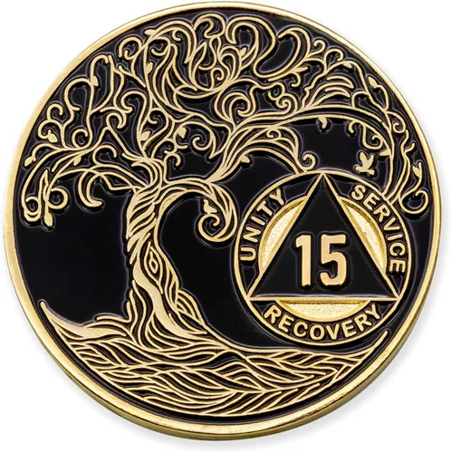 Vista 105 de 1 año Sobriety Mint Twisted Tree of Life Medallón de recuperación AA chapado en oro, chip/ficha - negro
