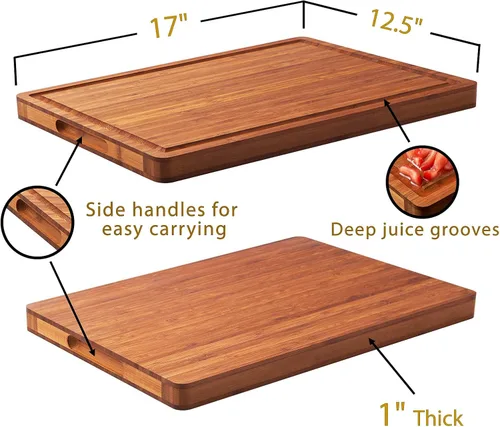 Vista 2 de Tabla de cortar grande de madera para cocina, tabla de embutidos de queso de bambú de 1 pulgada de grosor, bloque de cortar carnicero, con ranuras