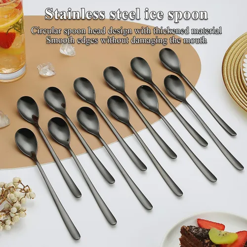 Vista 3 de Evanda Juego de 12 cucharas de té helado de mango largo negro, cucharaditas de acero inoxidable negro chapado en titanio, barra agitadora y cucharas