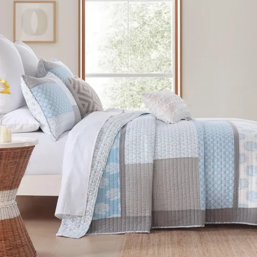 Vista 2 de Y-PLWOMEN Juego de edredón floral Queen de 3 piezas, 100 % algodón, reversible, ligero, suave, para todas las estaciones, azul claro/blanco/gris