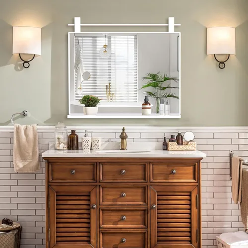 Vista 9 de [Usado] ANYHI Espejos de baño para pared, espejo de pared de metal con estante, perfecto para sala de estar, dormitorio, entrada, rectangular Negro
