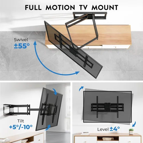 Vista 4 de Soporte de pared para TV de carga pesada con brazo extra largo extensible para televisores de 60–110 pulgadas, soporta hasta 125 kg, soporte
