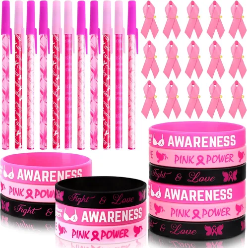 JUNEBRUSHS 60 Pack Breast Cancer Awareness Accessories Set, 20Pcs Pink Ribbon Pens 20Pcs Breast Cancer Awareness Bracelets 20Pcs Breast Cancer Pins