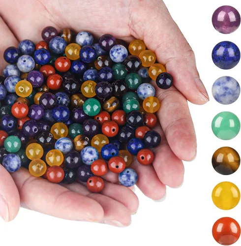 Vista 2 de Cuentas de piedra natural de 7 chakras de 0.394 pulgadas, 100 cuentas redondas de cristal, piedras preciosas sueltas, multicolor, mezcladas