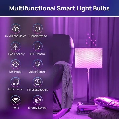 Vista 7 de Consciot Bombillas inteligentes, bombilla LED WiFi que funciona con Alexa y Google Home, sincronización de música, bombilla de cambio