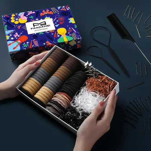 Vista 2 de FANDAMEI Kit de accesorios para el cabello – Lazos elásticos para el cabello, bandas de algodón, bandas de goma, horquillas para el cabello, peine