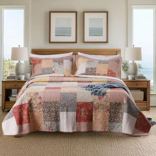Kasentex. Colcha decorativa de lujo, 100% de algodón. con estampado floral tipo patchwork – hipoalergénica, suave y de gran tamaño para una mejor