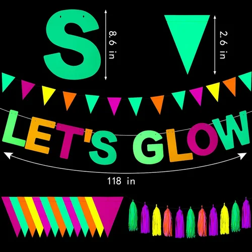 Vista 2 de Outus Suministros de fiesta de neón que incluyen pancarta Let's Glow, 20 borlas de papel neón y bandera triangular de neón que brilla