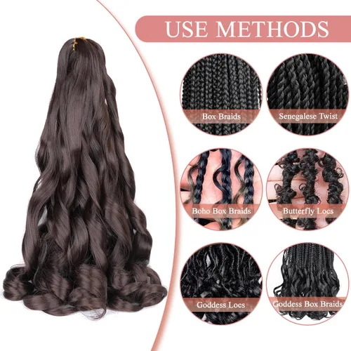 Vista 4 de Extensiones de cabello rizado francés, #4 marrón sintético para trenzar, 2.47 onzas/paquete, extensiones de cabello de ganchillo de 24 pulgadas, 8