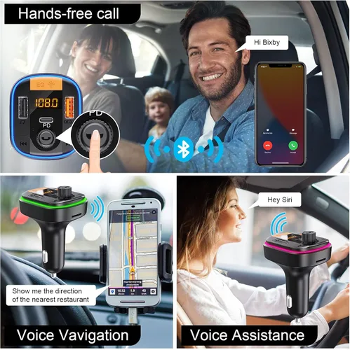 Vista 4 de Bluetooth 5.4 Adaptador PD20W+QC3.0, transmisor FM Bluetooth para coche
