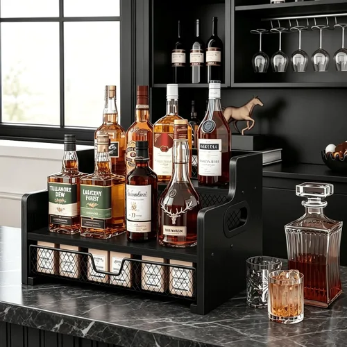 Vista 2 de Homode Coffee Syrup Organizer Rack, 3-Tier Syrup Holder Stand with 35 K Cup Storage Drawer, 8 Bottles Capacity, Wood Shelf Liquor Wine Rack for
