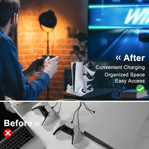 Vista 7 de YOGES Estación de carga para PSVR2 y PS5, soporte de cargador con 2 ventiladores de refrigeración, gafas PSVR2 y soporte para auriculares