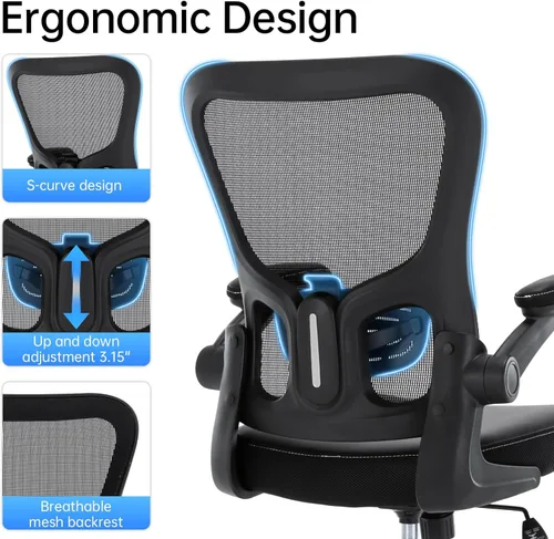 Vista 4 de Silla de oficina ergonómica ajustable de piel sintética con soporte lumbar, brazos abatibles, respaldo de malla transpirable, silla de escritorio