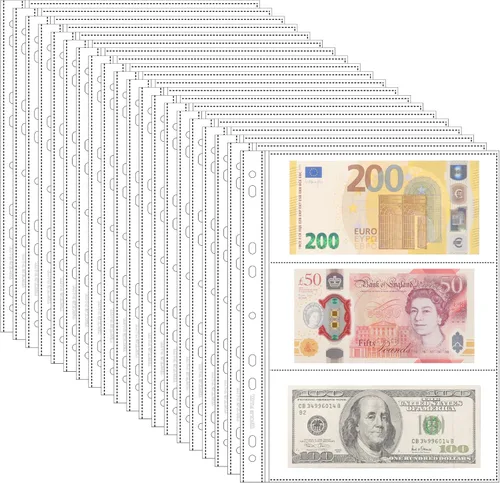 20 hojas de páginas de moneda para colección de papel moneda, 3 bolsillos, fundas para monedas/soporte para monedas, páginas de álbum para billetes