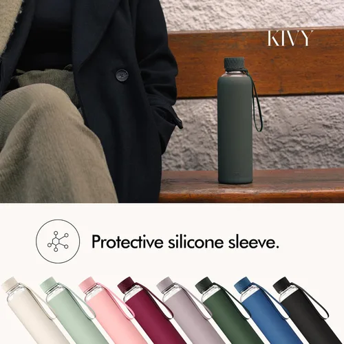 Vista 4 de KIVY Botella de agua de vidrio con funda de silicona de 22 onzas [Con medidas] – Botella de agua de vidrio de borosilicato con tapa de rosca