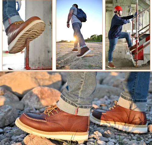 Vista 6 de Botas de trabajo para hombres, puntera suave de 6 pulgadas con suela de cuña, botas de seguridad impermeables, zapatos de seguridad cómodos