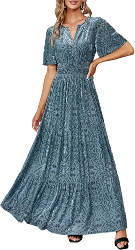 Amegoya Vestido largo de terciopelo de manga corta con cuello en V para mujer, vestido largo formal para invitados de boda, otoño, noche, fiesta