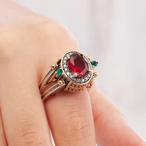 Vista 6 de Elegante anillo reversible de plata de ley 925 para mujer, hecho a mano en Turquía, con rubí de talla ovalada, esmeralda, jade y topacio
