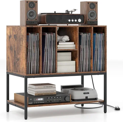 Giantex Soporte para tocadiscos con estación de carga, soporte para tocadiscos con estantes de almacenamiento con capacidad para más de 150 álbumes,