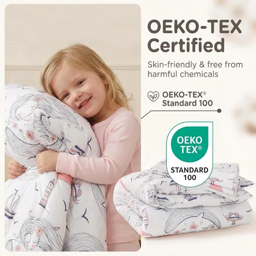 Vista 6 de JSD Juego de ropa de cama de sirena para niños pequeños, juego de sábanas de edredón de 4 piezas con temática oceánica, lavable a máquina