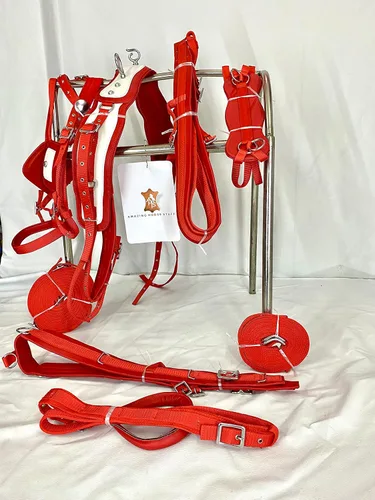 Vista 3 de Arnés de conducción de caballo de nailon tachuelas cromadas talladas en silla de montar y brida completo mazorca pony shetland mini