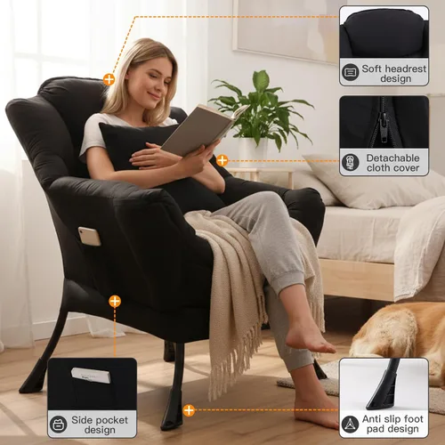 Vista 2 de Silla perezosa, cómoda silla de lectura para dormitorio Melocotón Negro-individual