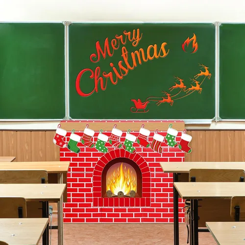 Vista 6 de 46 chimeneas de cartón de ladrillo rojo artificial 3D de 39 x 35 pulgadas, chimenea de Navidad con media llama de fuego, recortes de grano