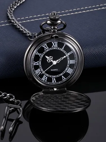 Vista 4 de Reloj de bolsillo de cuarzo para hombre con esfera negra y cadena