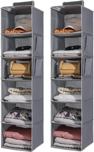 Vista 11 de 2 Packs Hanging Closet Organizer Storage, 3-Shelf Hanging Shelves for Closet, Closet Clothes Organizer and Storage with Side Pocket, Beige