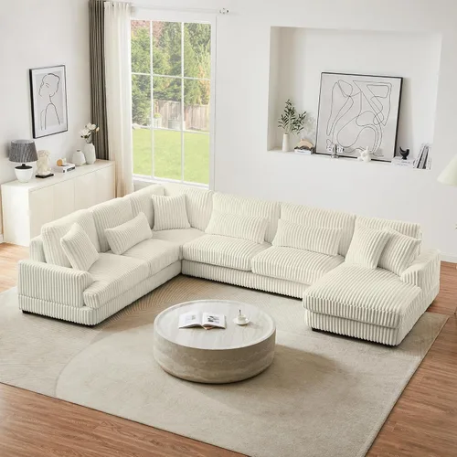 129in Oversized U-Shaped Sectional Couch Sofa, Modular Cloud Couch with Chaise Lounge, L Shaped Convertible Sectional Sofas for Living Room Beige -