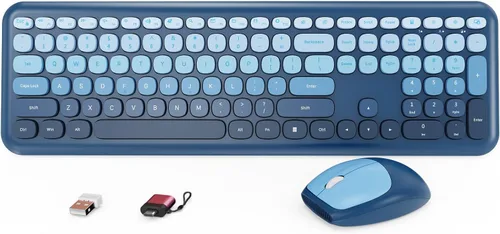 Vista 12 de HotFox Combo de teclado y ratón inalámbrico, teclado retro de tamaño completo tipo máquina de escribir con teclas redondas, diseño ergonómico
