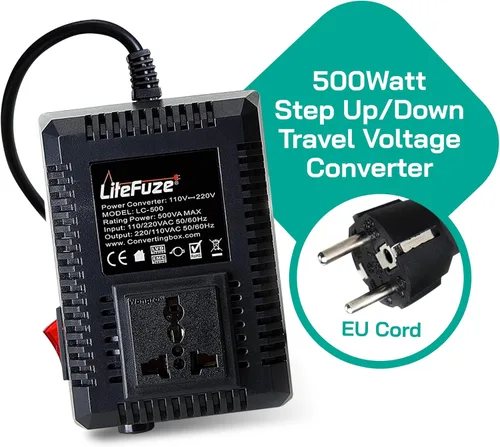 Vista 2 de LiteFuze, convertor de voltaje altobajo para viaje. cable EU