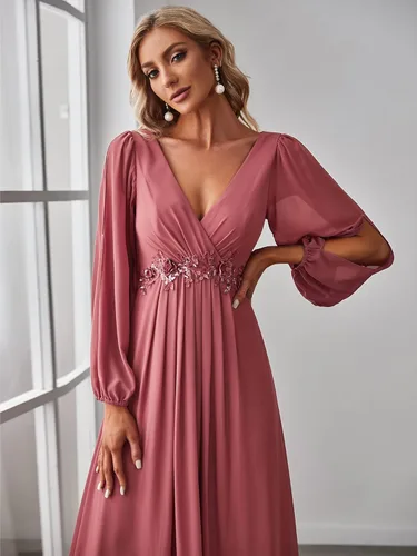 Vista 5 de Ever-Pretty Women's V Neck Long Sleeves Floor Length Ruched Chiffon Formal Dress 00461