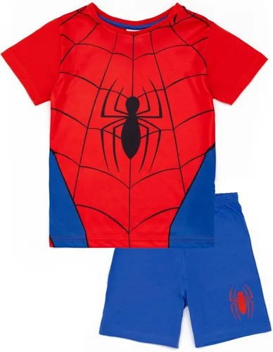 Marvel Spiderman - Conjunto de pijama azul y rojo para niños, camiseta y pantalones cortos de Spiderman, diseño de telaraña