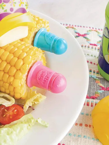 Vista 5 de Talisman Designs Butter Baby Púas de acero inoxidable entrelazadas Multicolor Maíz en la mazorca, utensilios Soportes para maíz Brochetas