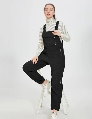 Vista 3 de Overol de forro polar cálido para mujer, overol de invierno mullido, con correa ajustable, sin mangas, pantalones esponjosos con bolsillos