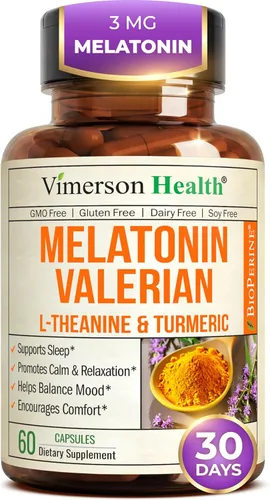 Cúrcuma y melatonina, raíz de valeriana, jengibre, canela, L-teanina y BioPerine de pimienta negra, relaja y adormece, reduce inflamación y dolor