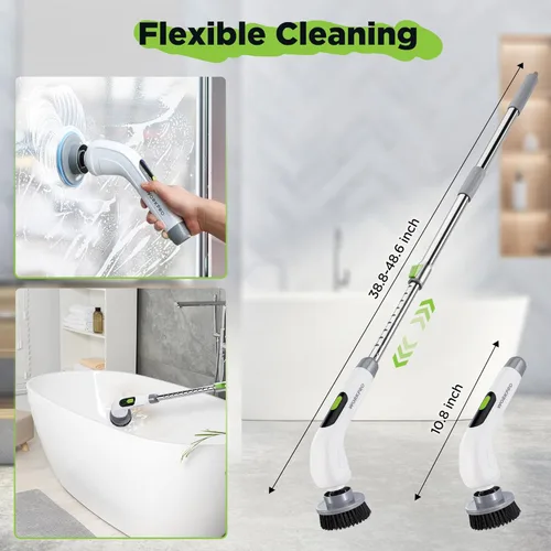 Vista 2 de WORKPRO Limpiador eléctrico giratorio, cepillo de limpieza inalámbrico, 3 velocidades, mango largo ajustable y 8 cabezales de cepillo reemplazables