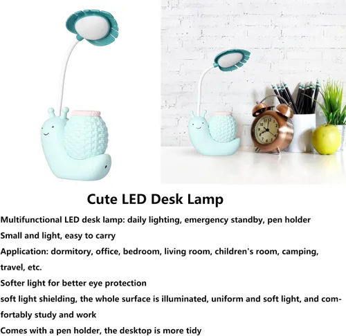 Vista 4 de Lámpara de escritorio LED con soporte para bolígrafo, soporte de dibujos animados, múltiples funciones, carga USB, linda luz de escritorio para Azul