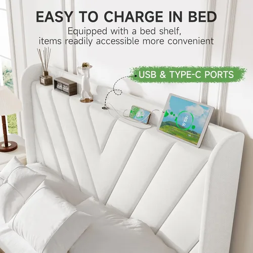 Vista 129 de koorlian Base de cama Queen con cabecero, base de cama tapizada ajustable con puertos tipo C y USB, cabecera de almacenamiento con respaldo de ala