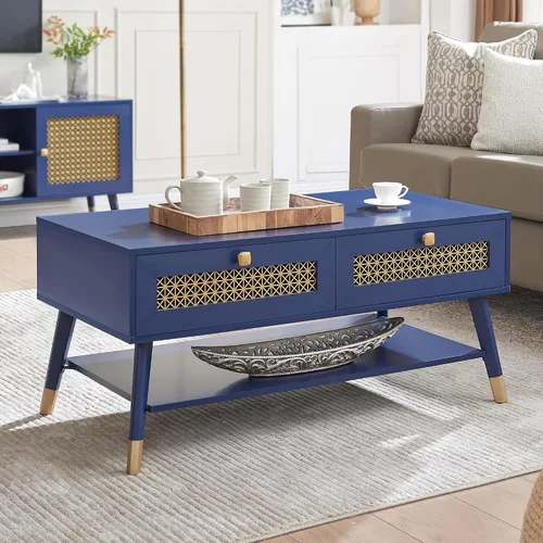 Vista 11 de Mesa de centro negra moderna de mediados de siglo con cajones de almacenamiento y estante abierto, mesa rectangular bohemia de madera maciza