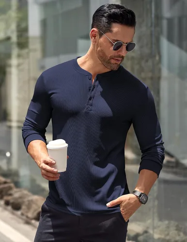 Vista 53 de COOFANDY Camisas Henley de manga larga para hombre, camisetas elásticas acanaladas, camisetas básicas casuales de moda