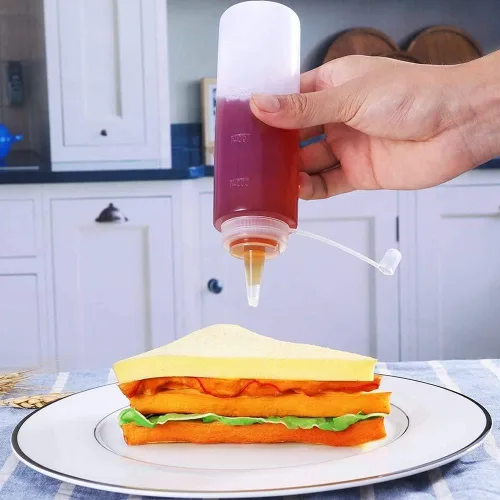 Vista 7 de Abnaok Botellas exprimibles para condimentos, paquete de 2 botellas de plástico de grado alimenticio de 8 onzas con tapas giratorias para salsas
