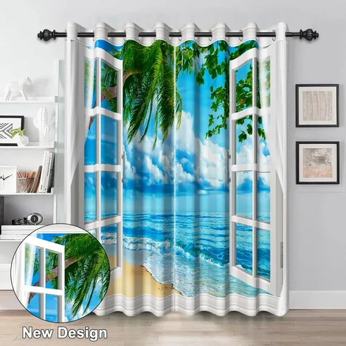 Vista 2 de Renaiss Cortinas opacas junto al mar, palmera de coco, tropical, para ventana de playa, dormitorio, cortinas de ventana con ondas oceánicas azules