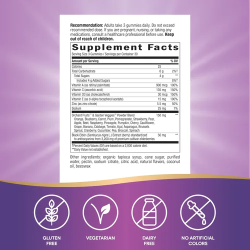 Vista 5 de Nature's Way ¡Alive! Gomitas de apoyo inmunológico* con extracto de saúco, vitaminas C y D3, zinc, sin gluten, sabor a uva y cereza, 90 gomitas