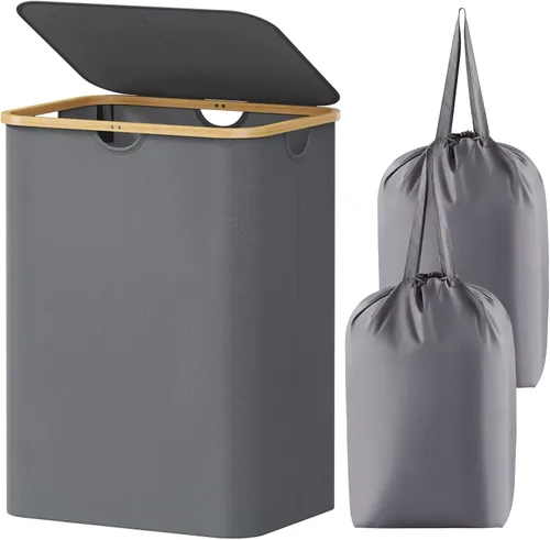 Vista 19 de Lifewit Cesta de lavandería de 80 litros con tapa, cestas de ropa para lavandería con asas de bambú y una bolsa de lavandería extraíble, cesta